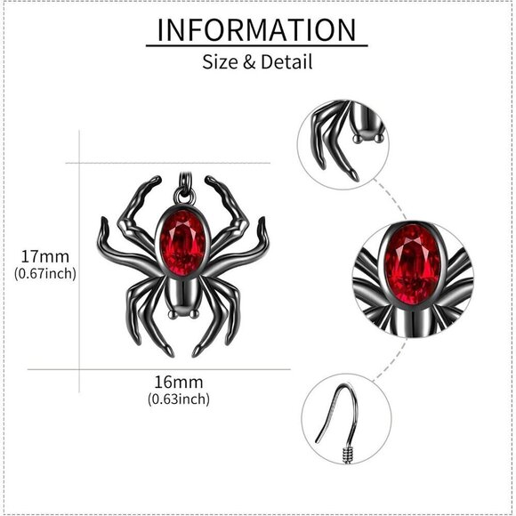 Women Sliver & Red Spider Sterling Gothic Halloween Dangle Earrings Jewelry - Picture 5 of 6